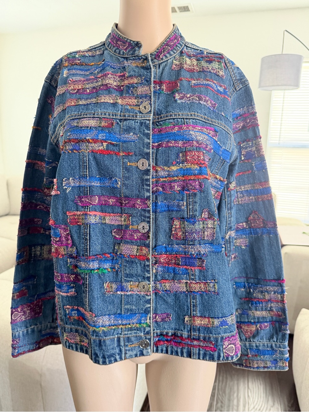 Chico's Blue Vintage Denim Jacket with Multicolor Embroidered Strips